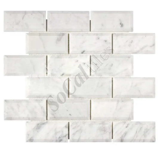 Bianco Carrara White Marble 2’’ X 4’’ Deep-Beveled Brick Mosaic Wall Tile
