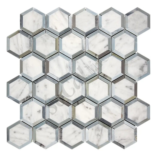 Bianco Carrara White Marble 2’’ X 2’’ Vortex Hexagon (w/ Blue-Gray) Wall Tile