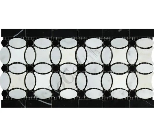 Bianco Carrara White Marble 5-3/4’’ X 11-1/4’’ Florida Flower Border (w/ Black) Accent & Trim Tile