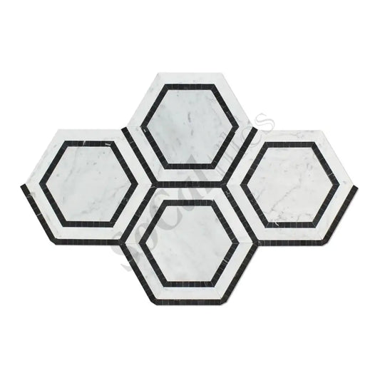 Bianco Carrara White Marble 5’’ X 5’’ Hexagon Combination Mosaic (w/ Black) Wall Tile