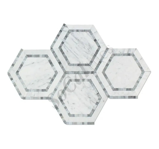 Bianco Carrara White Marble 5’’ X 5’’ Hexagon Combination Mosaic (w/ Blue-Gray) Wall Tile