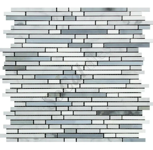 Bianco Carrara White Marble Bamboo Sticks Mosaic (w/ Blue-Gray) Wall Tile