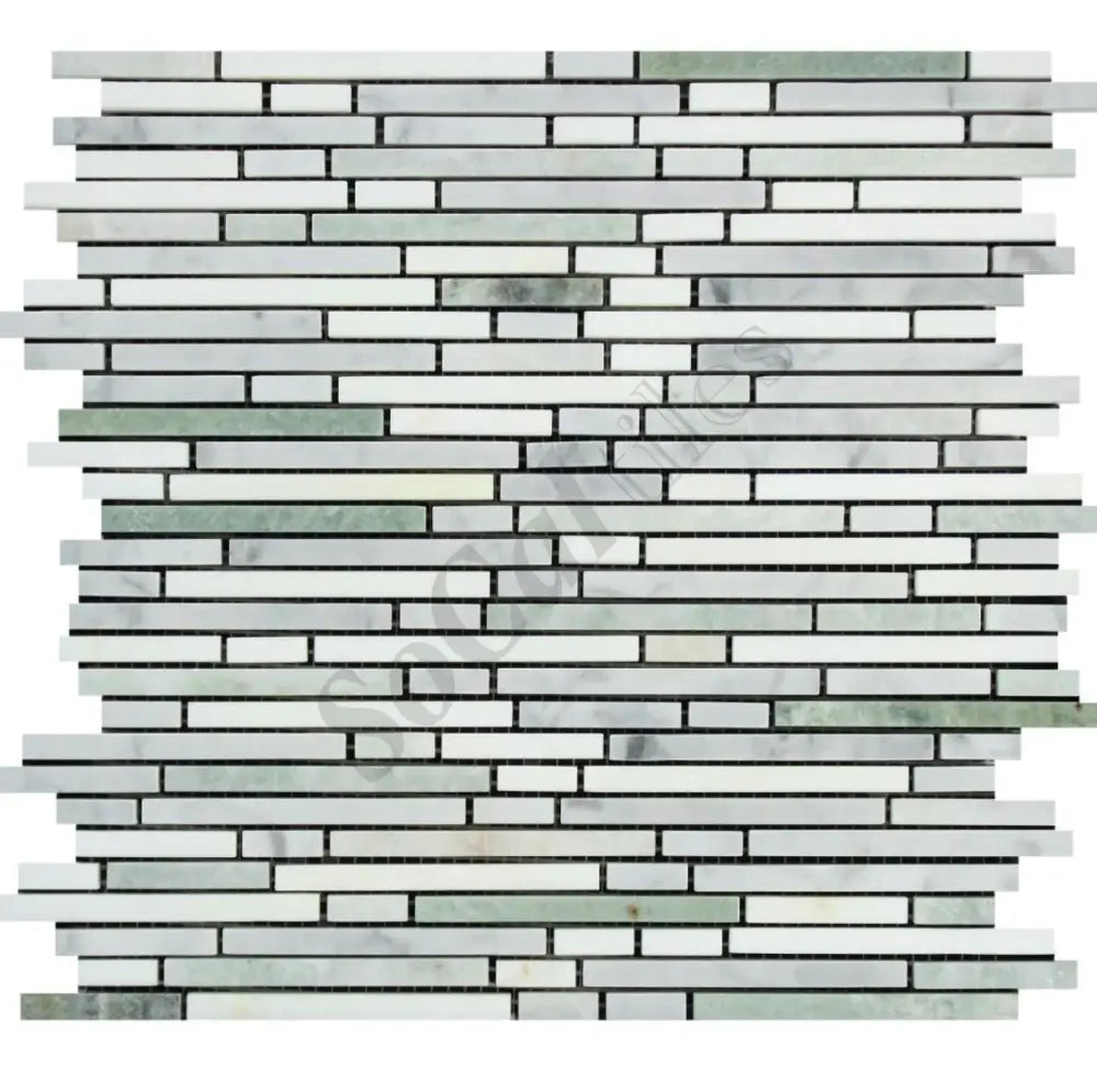 Bianco Carrara White Marble Bamboo Sticks Mosaic (w/ Ming Green) Wall Tile