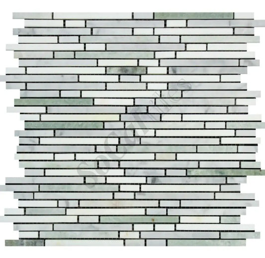 Bianco Carrara White Marble Bamboo Sticks Mosaic (w/ Ming Green) Wall Tile