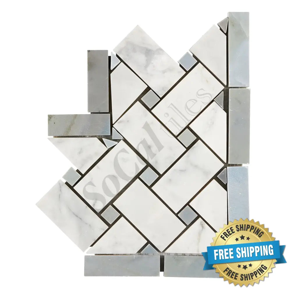 Bianco Carrara White Marble Basketweave Border Corner (w/ Blue-Gray) Accent & Trim Tile