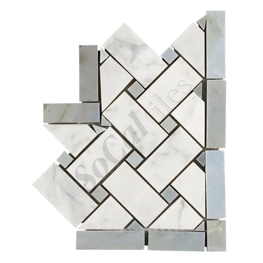Bianco Carrara White Marble Basketweave Border Corner (w/ Blue-Gray) Accent & Trim Tile