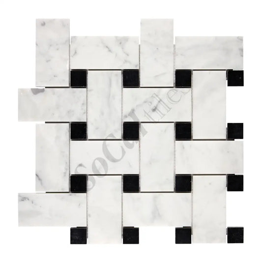 Bianco Carrara White Marble Basketweave Large Mosaic (w/ Black) Wall Tile