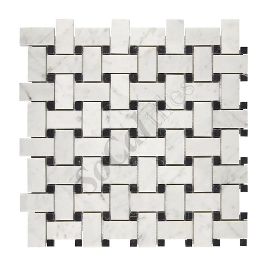 Bianco Carrara White Marble Basketweave Mosaic (w/ Black) Wall Tile