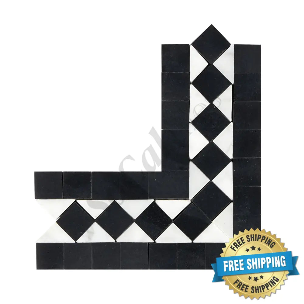 Bianco Carrara White Marble BIAS Border Corner (w/ Black) Accent & Trim Tile