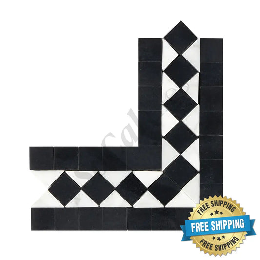 Bianco Carrara White Marble BIAS Border Corner (w/ Black) Accent & Trim Tile