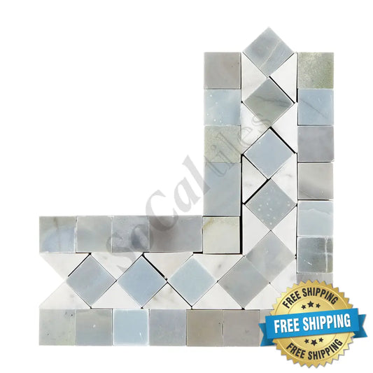Bianco Carrara White Marble BIAS Border Corner (w/ Blue-Gray) Accent & Trim Tile