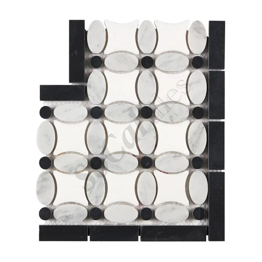 Bianco Carrara White Marble Florida Flower Border Corner (w/ Black) Accent & Trim Tile