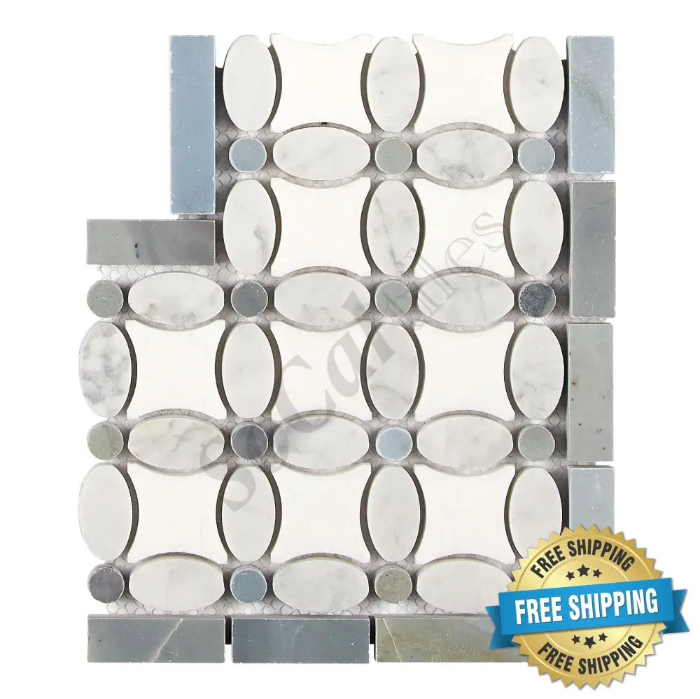 Bianco Carrara White Marble Florida Flower Border Corner (w/ Blue-Gray) Accent & Trim Tile