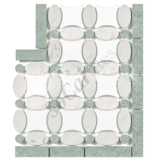Bianco Carrara White Marble Florida Flower Border Corner (w/ Ming Green) Accent & Trim Tile