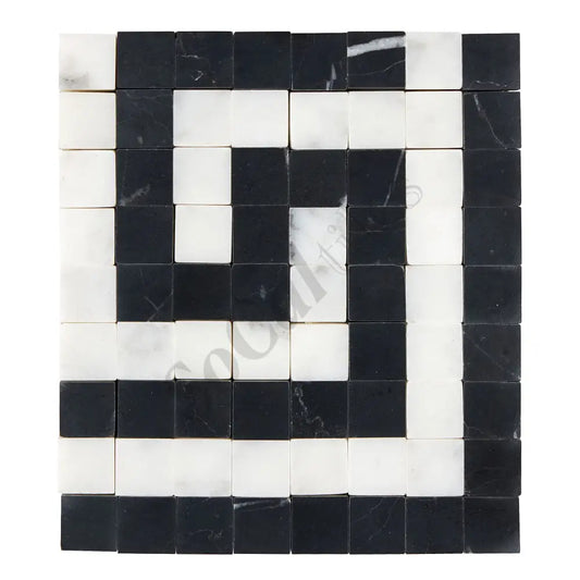 Bianco Carrara White Marble Greek Key Border Corner (w/ Black) Accent & Trim Tile