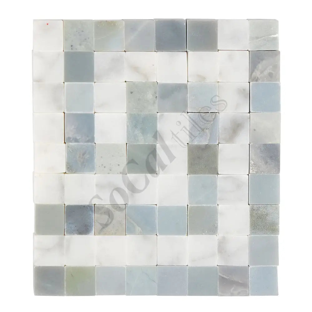 Bianco Carrara White Marble Greek Key Border Corner (w/ Blue-Gray) Accent & Trim Tile