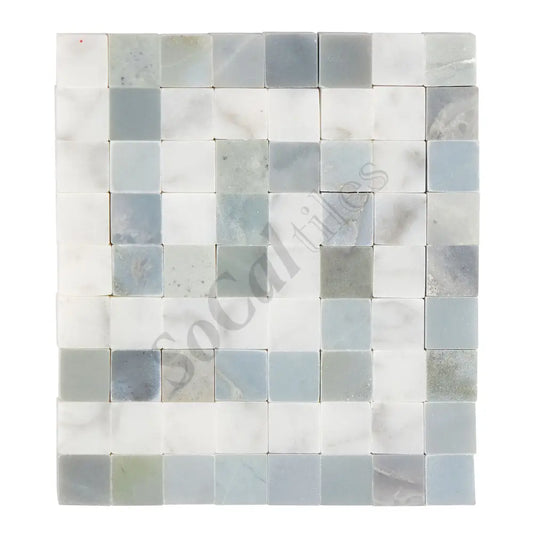 Bianco Carrara White Marble Greek Key Border Corner (w/ Blue-Gray) Accent & Trim Tile
