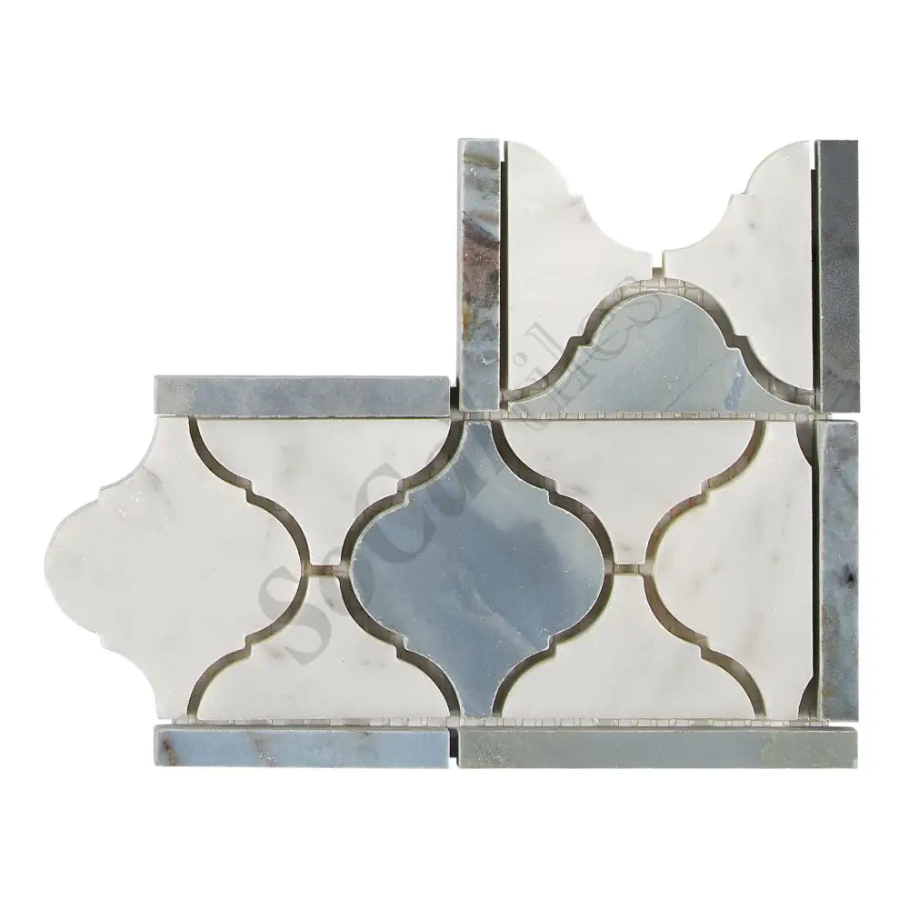 Bianco Carrara White Marble Lantern Border Corner (w/ Blue-Gray) Accent & Trim Tile