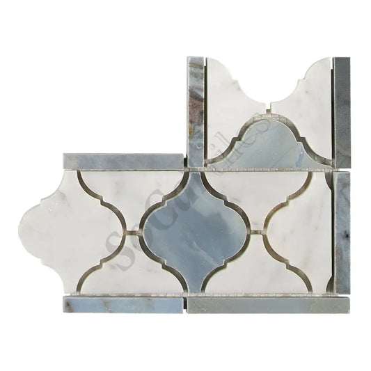 Bianco Carrara White Marble Lantern Border Corner (w/ Blue-Gray) Accent & Trim Tile