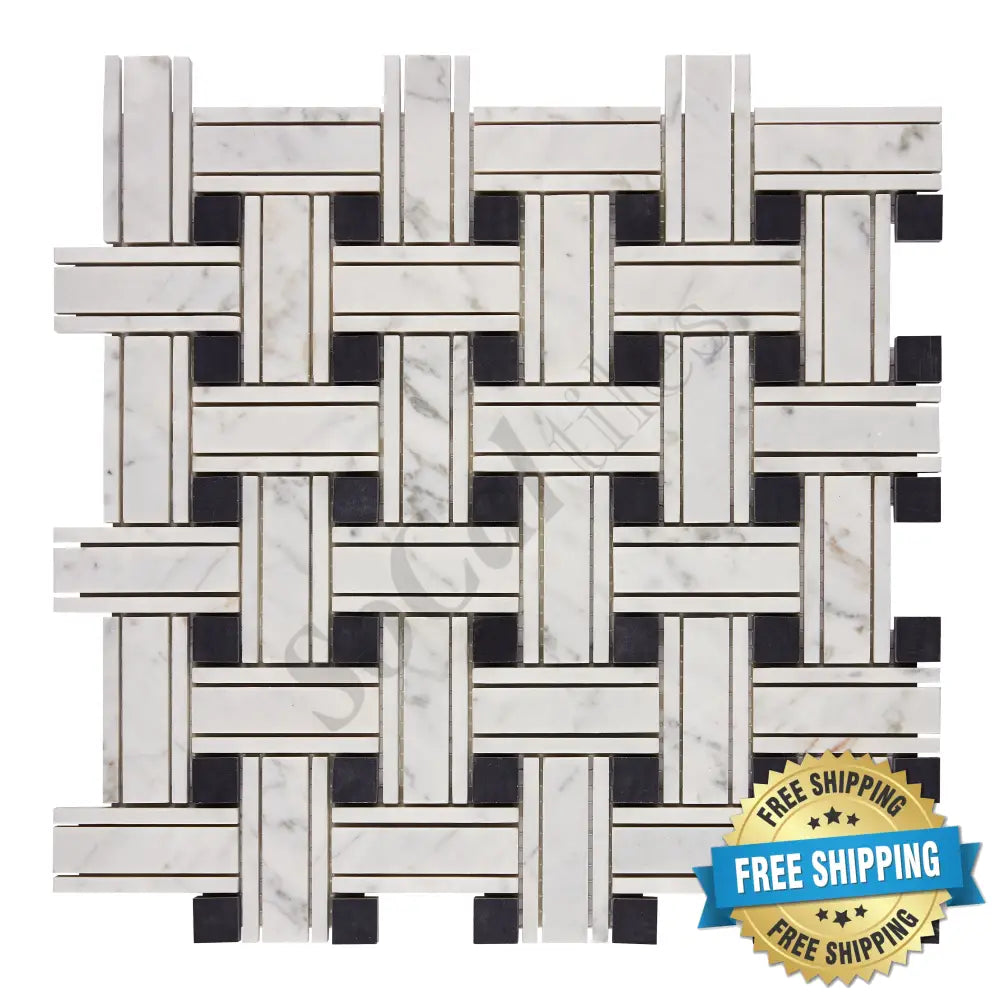 Bianco Carrara White Marble Triple-Weave Mosaic (w/ Black) Wall Tile
