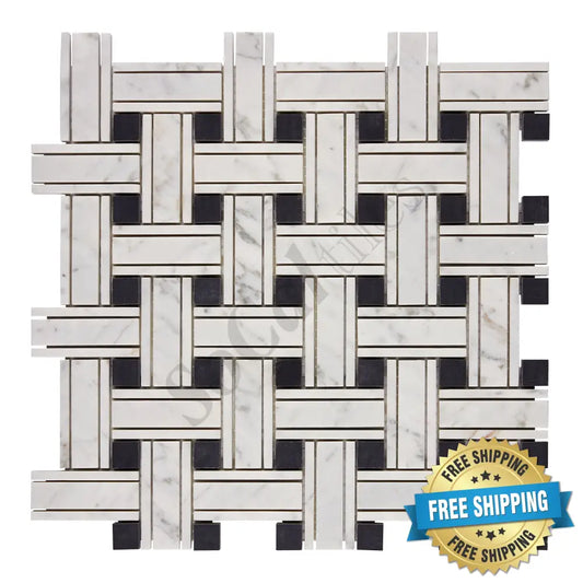Bianco Carrara White Marble Triple-Weave Mosaic (w/ Black) Wall Tile