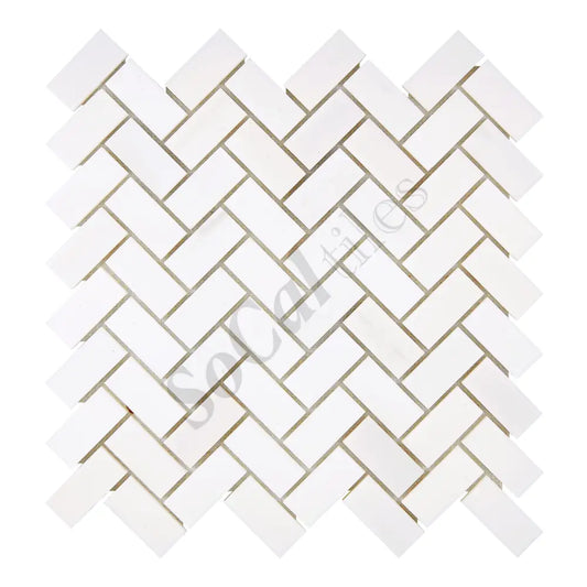 Bianco Dolomite 1’’ X 2’’ Herringbone Mosaic Round-Faced (CNC-Arched) & Honed Backsplash Tile