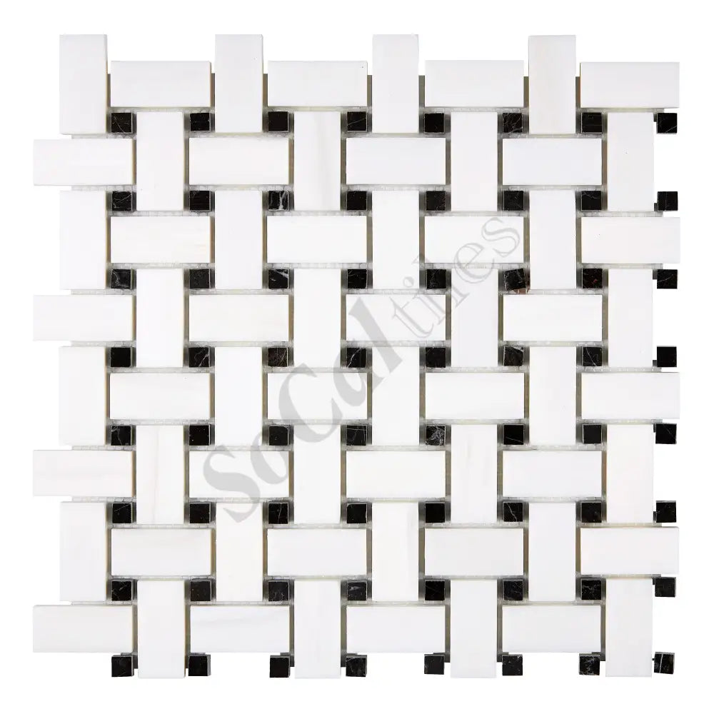 Bianco Dolomite Basketweave Mosaic (w/ Black) Polished/Honed Backsplash Tile