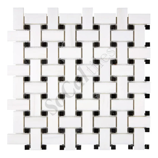 Bianco Dolomite Basketweave Mosaic (w/ Black) Polished/Honed Backsplash Tile