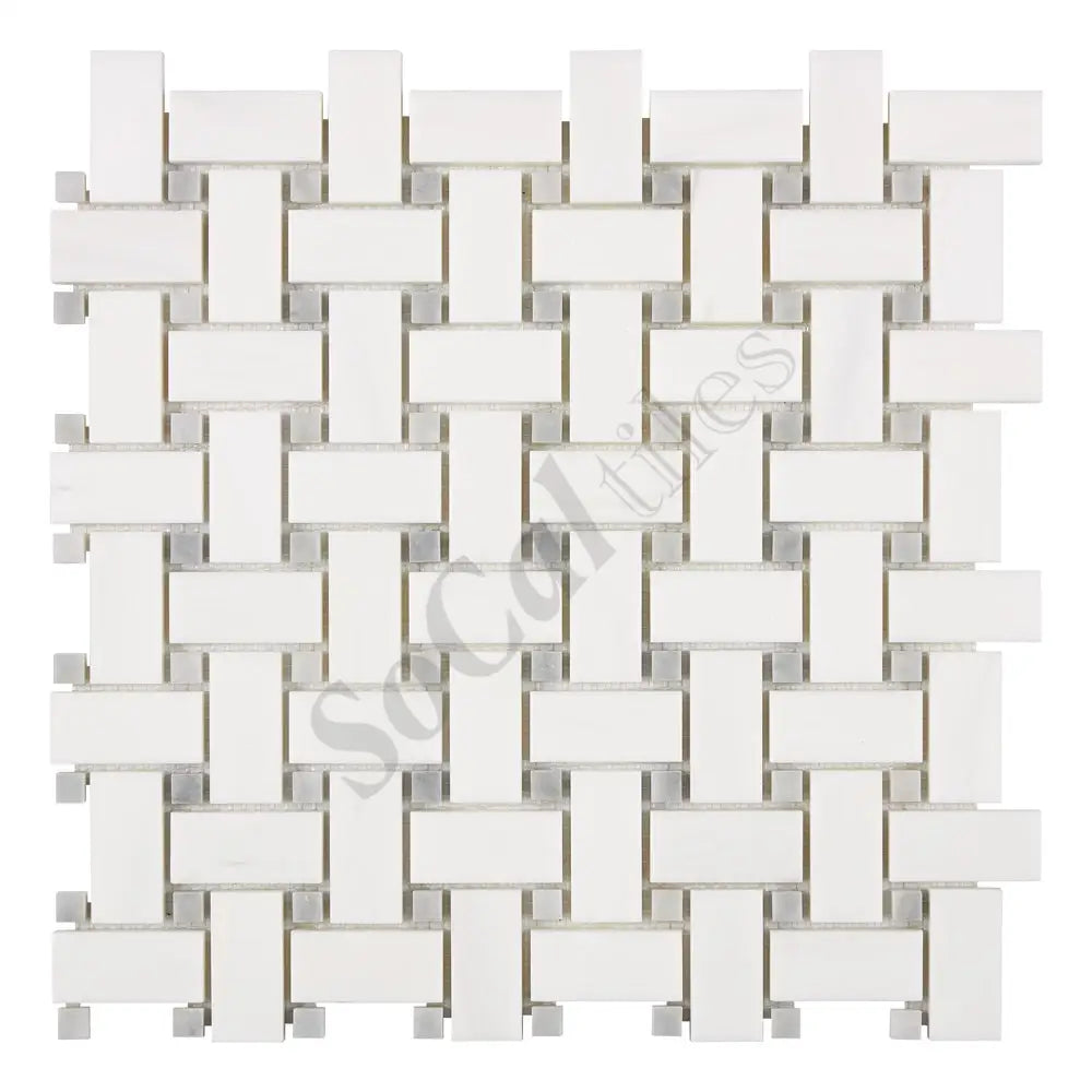 Bianco Dolomite Basketweave Mosaic w/ Blue-Gray Dots Backsplash Tile