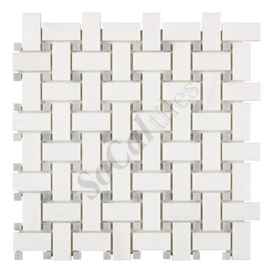 Bianco Dolomite Basketweave Mosaic w/ Blue-Gray Dots Backsplash Tile