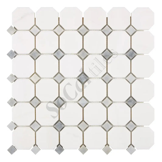 Bianco Dolomite Octagon Mosaic w/ Blue-Gray Dots Backsplash Tile