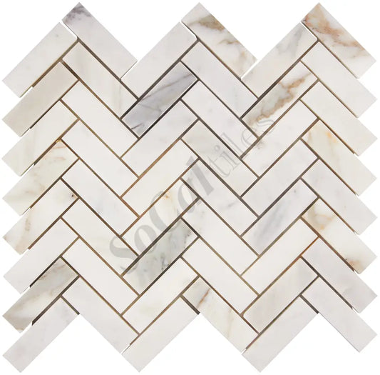 Calacatta Gold Marble 1’’ X 3’’ Herringbone Mosaic Wall Tile