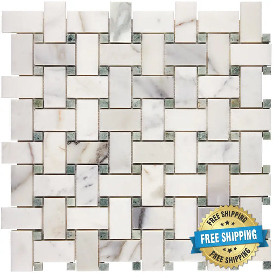 Calacatta Gold Marble Basketweave Mosaic (w/ Ming-Green) Wall Tile