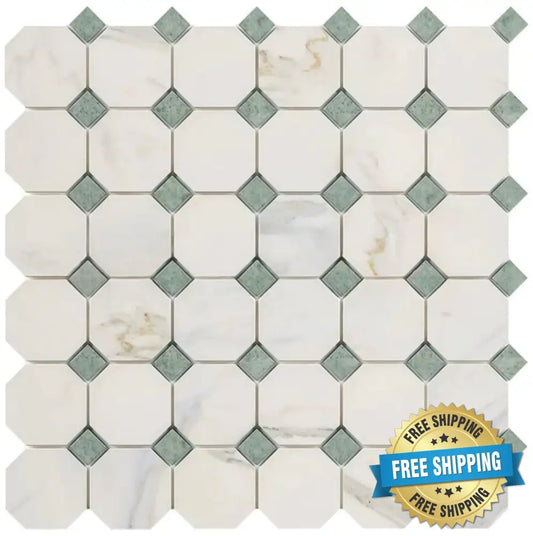 Calacatta Gold Marble Octagon Mosaic (w/ Ming-Green) Wall Tile