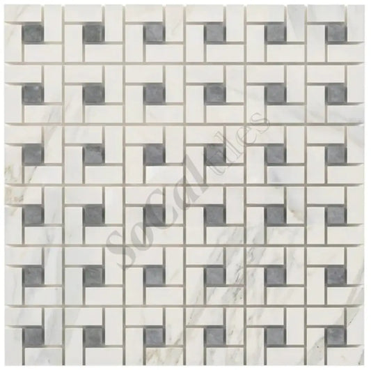 Calacatta Gold Marble Pinwheel Mosaic (w/ Blue-Gray) Wall Tile