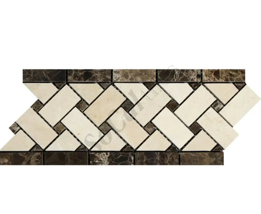 Crema Marfil Marble 4-3/4’’ X 12’’ Basketweave Border w/ Emperador Dark Dots Polished / 1 pcs. Accent & Trim Tile