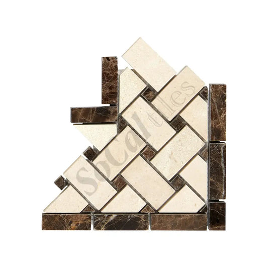 Crema Marfil Marble Basketweave Border Corner w/ Emperador Dark Dots Polished / 1 pcs. Accent & Trim Tile