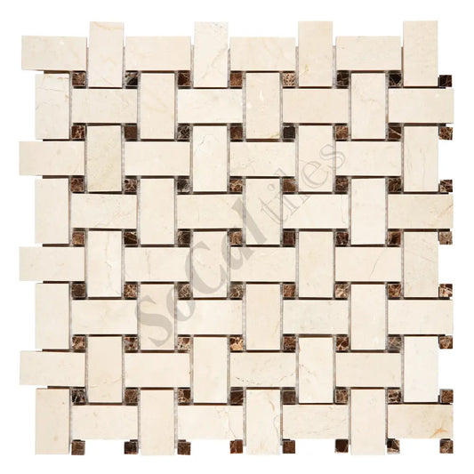Crema Marfil Marble Basketweave Mosaic w/ Emperador Dark Dots Backsplash Tile