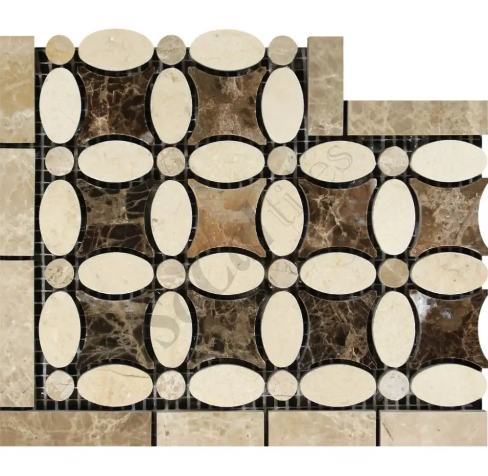 Crema Marfil Marble Florida Flower Border Corner w/ Emperador Light and Dark Dots Polished / 1 pcs. Accent & Trim Tile