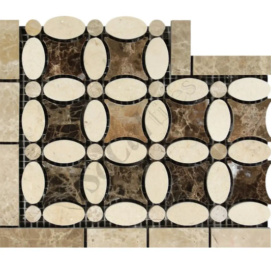 Crema Marfil Marble Florida Flower Border Corner w/ Emperador Light and Dark Dots Polished / 1 pcs. Accent & Trim Tile