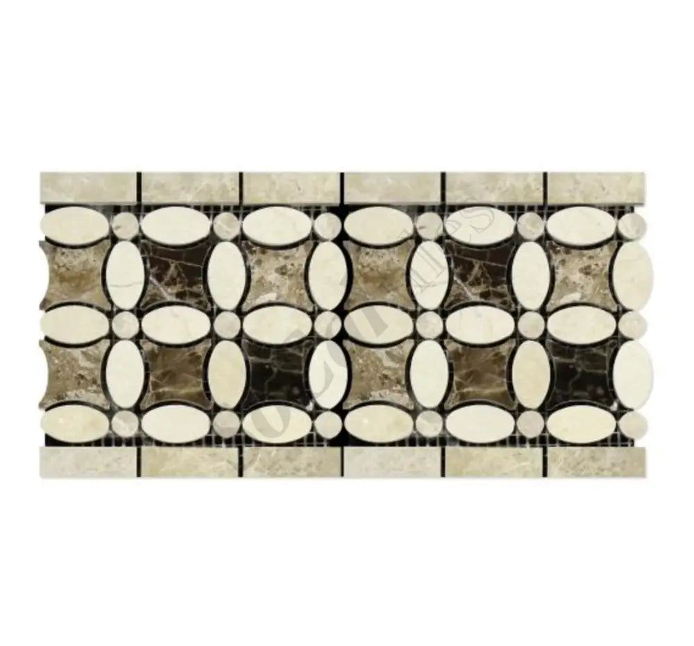 Crema Marfil Marble Florida Flower Border w/ Emperador Light and Dark Dots Polished / 1 pcs. Accent & Trim Tile