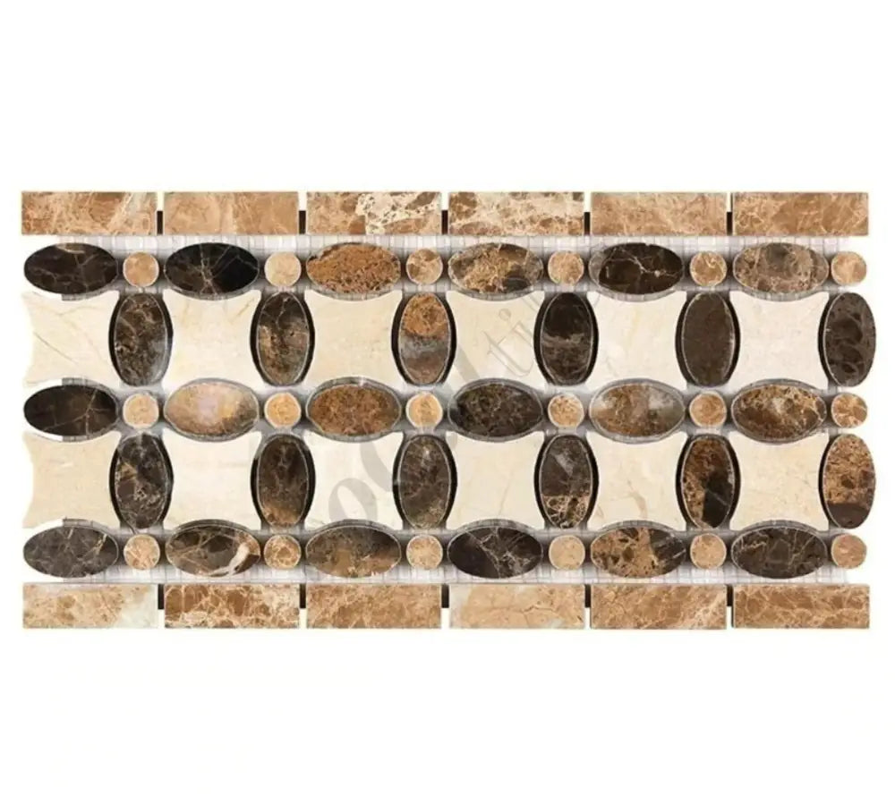 Crema Marfil Marble Florida Flower Border w/ Emperador Light and Dark Dots Polished / 1 pcs. Accent & Trim Tile