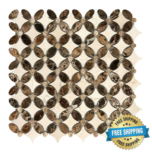 Crema Marfil Marble Florida Flower Mosaic (w/ Emp. Light Oval + Emp. Dark Dots) Polished/Honed Backsplash Tile