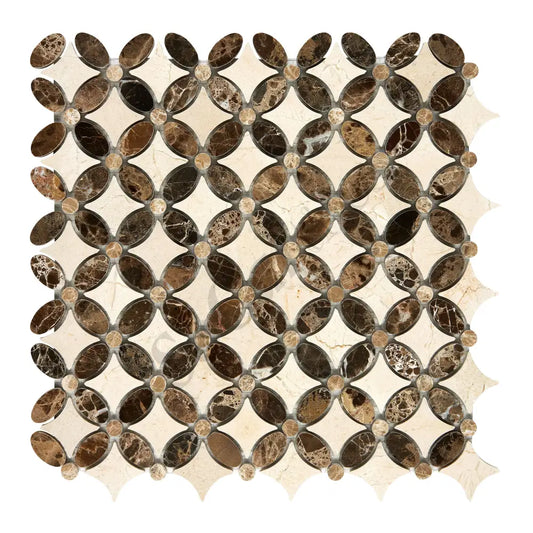 Crema Marfil Marble Florida Flower Mosaic (w/ Emp. Light Oval + Emp. Dark Dots) Polished/Honed Backsplash Tile