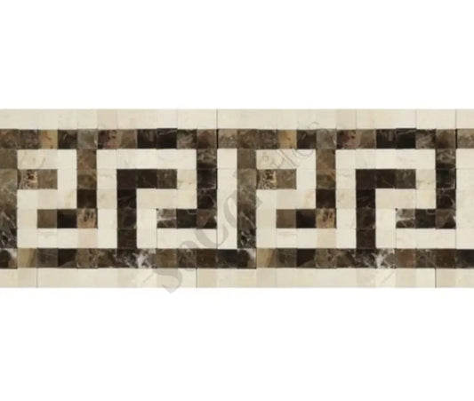 Crema Marfil Marble Greek Key Border w/ Emperador Dark Polished / 1 pcs. Accent & Trim Tile