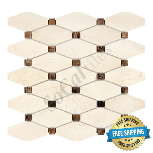 Crema Marfil Marble Long Octagon Mosaic (w/ Emp. Dark Dots) Polished/Honed Backsplash Tile