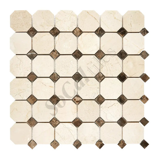 Crema Marfil Marble Octagon Mosaic (w/ Emp. Dark Dots) Polished/Honed Backsplash Tile