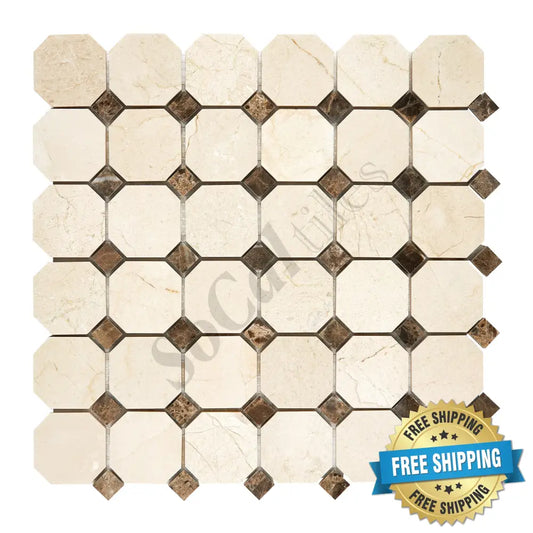 Crema Marfil Marble Octagon Mosaic (w/ Emp. Dark Dots) Polished/Honed Backsplash Tile