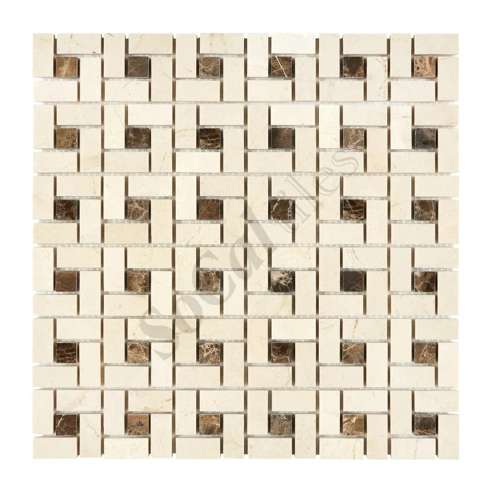 Crema Marfil Marble Pinwheel Mosaic (w/ Emp. Dark Dots) Polished/Honed Backsplash Tile