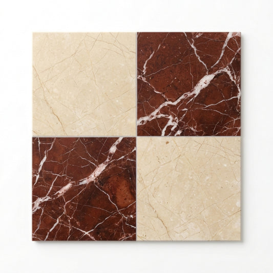 Checkerboard Marble Tile - Rosso Laguna & Crema Marfil